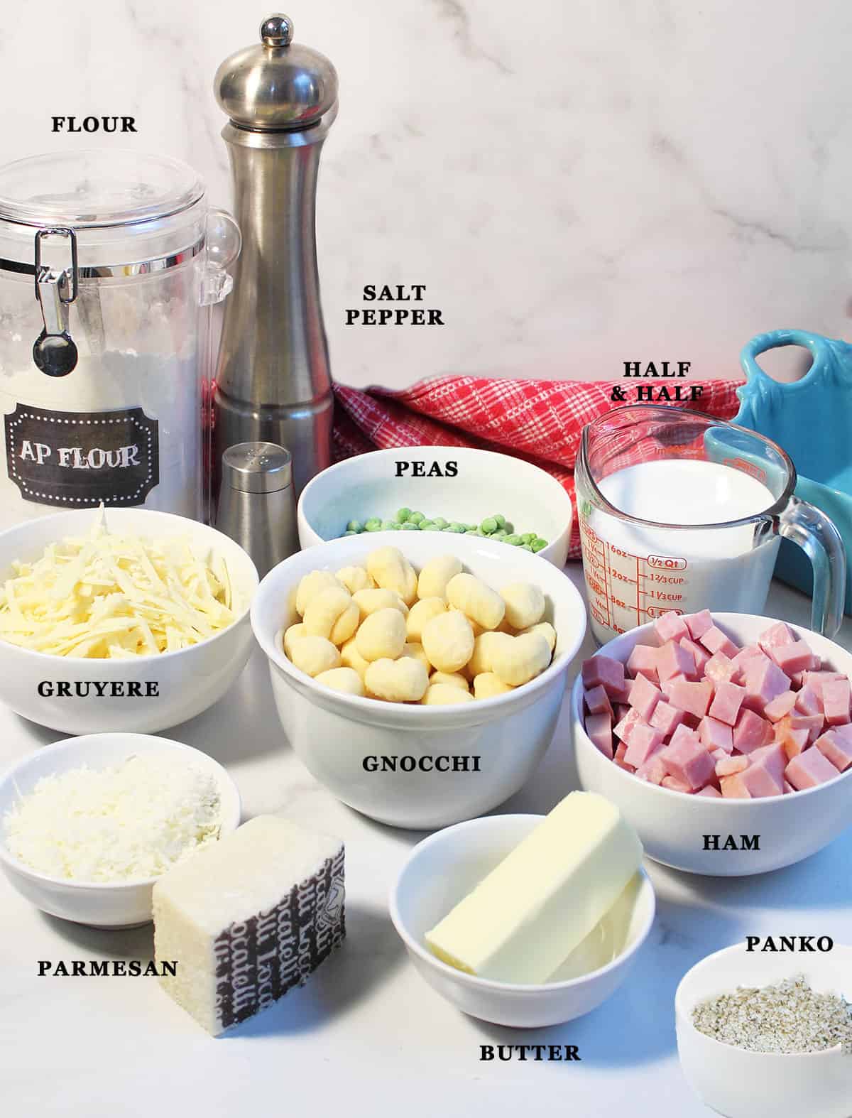 Gnocchi Gratin with ham ingredients.