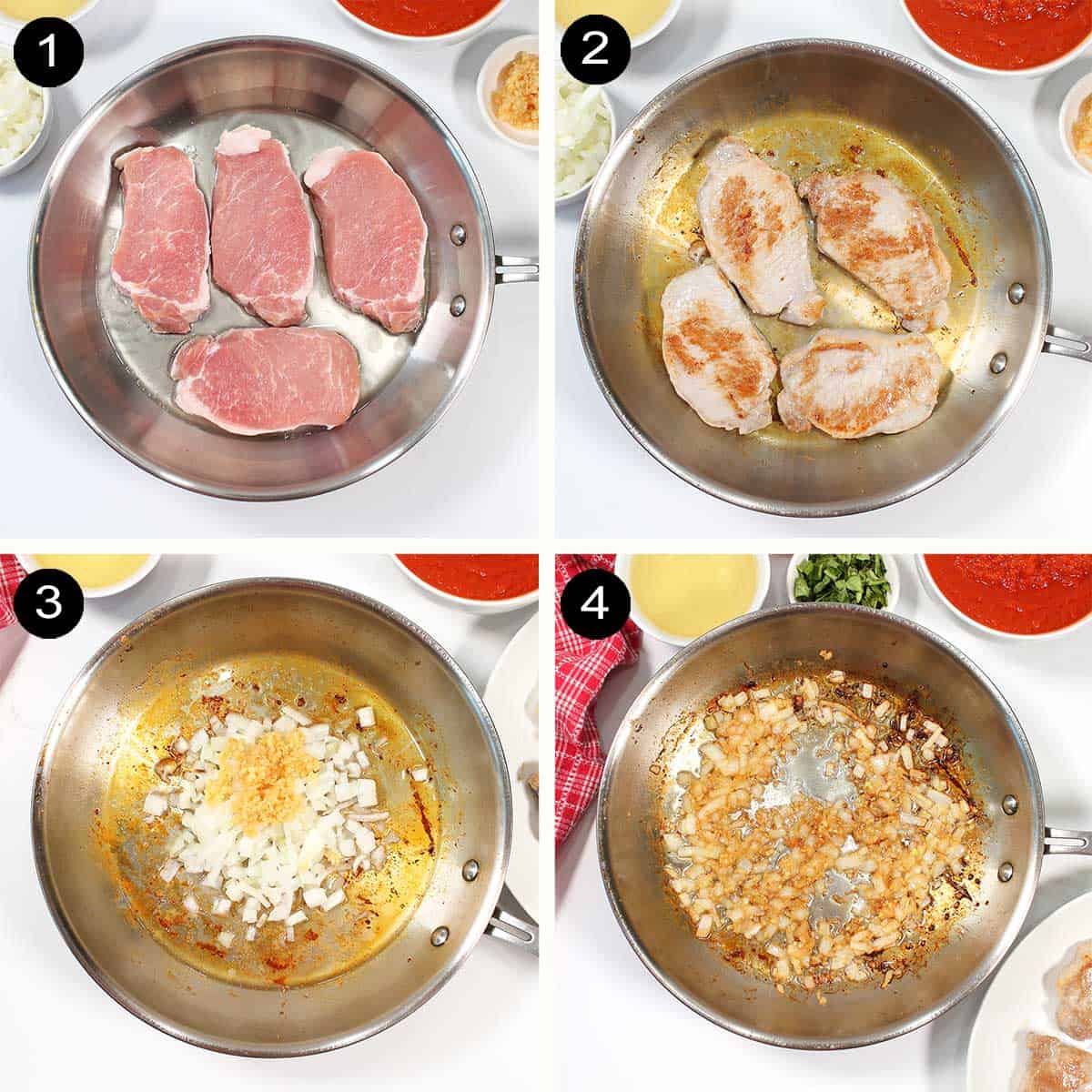 Prep steps 1-4 to make pork chops in tomato sauce.
