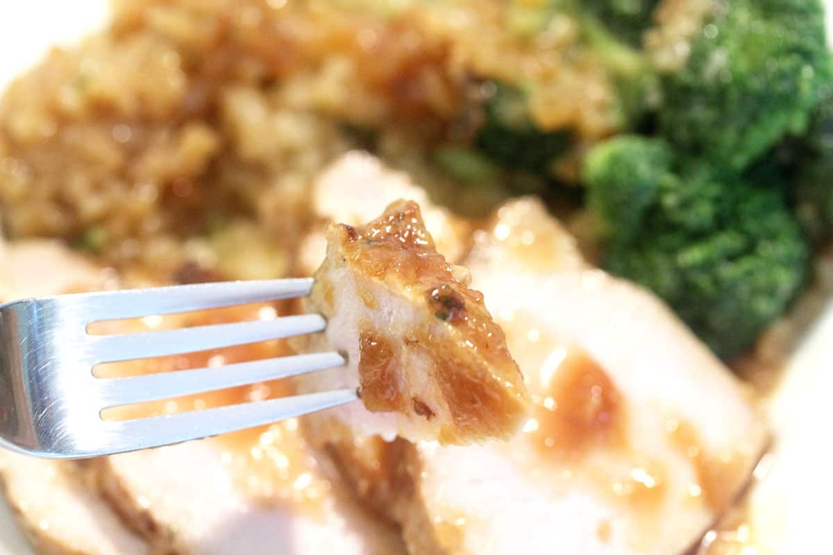 Honey Garlic Pork bite closeup.