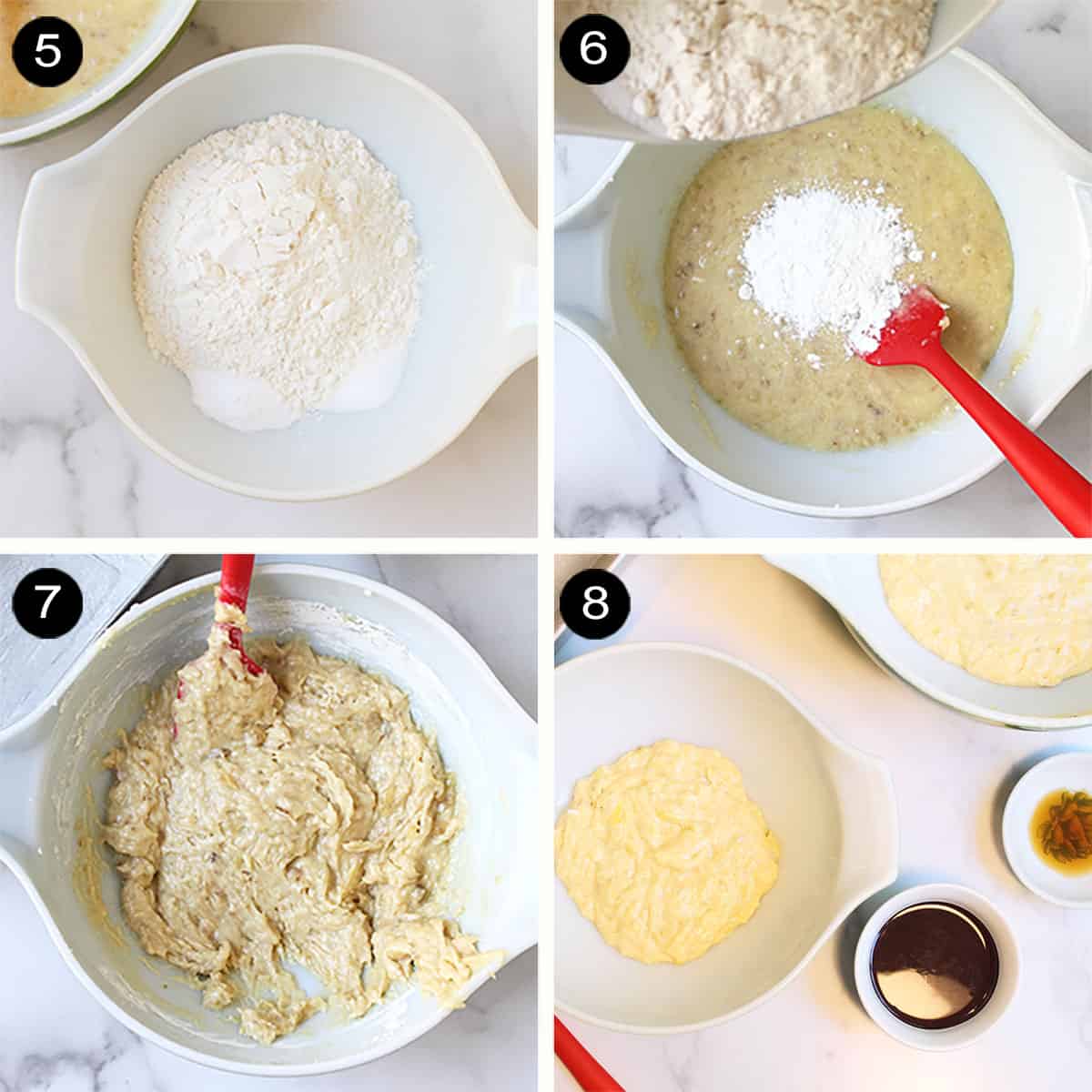Steps 5-8 finishing banana bread batter.