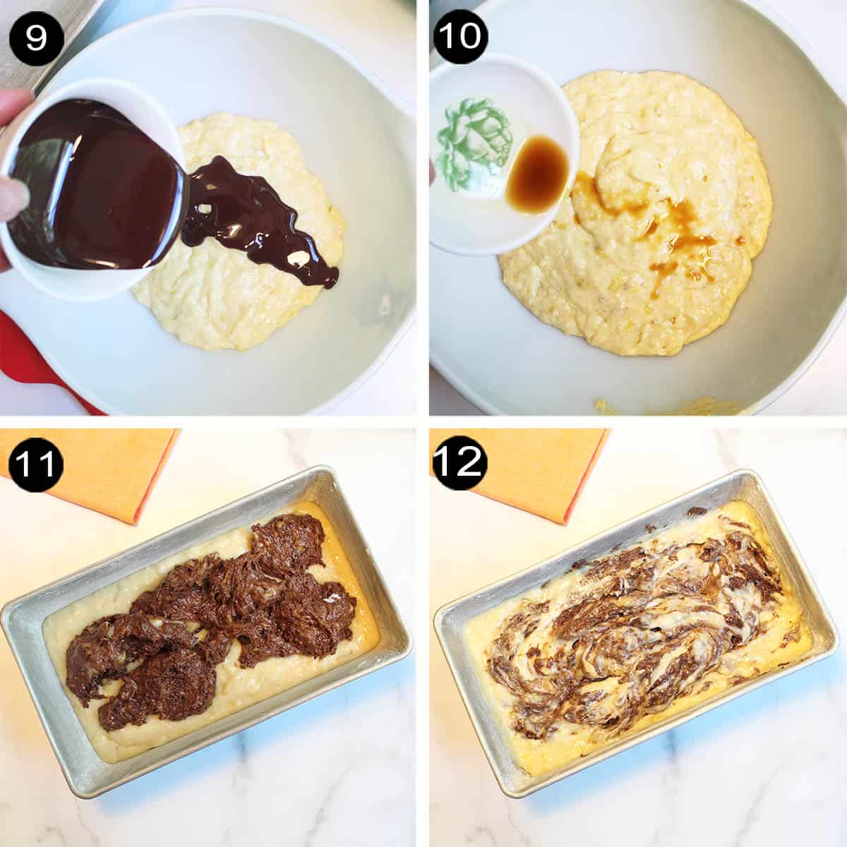 Steps 9-12 marbling banana bread.