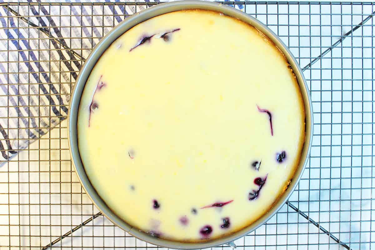 Baked cheesecake cooling on wire rack.