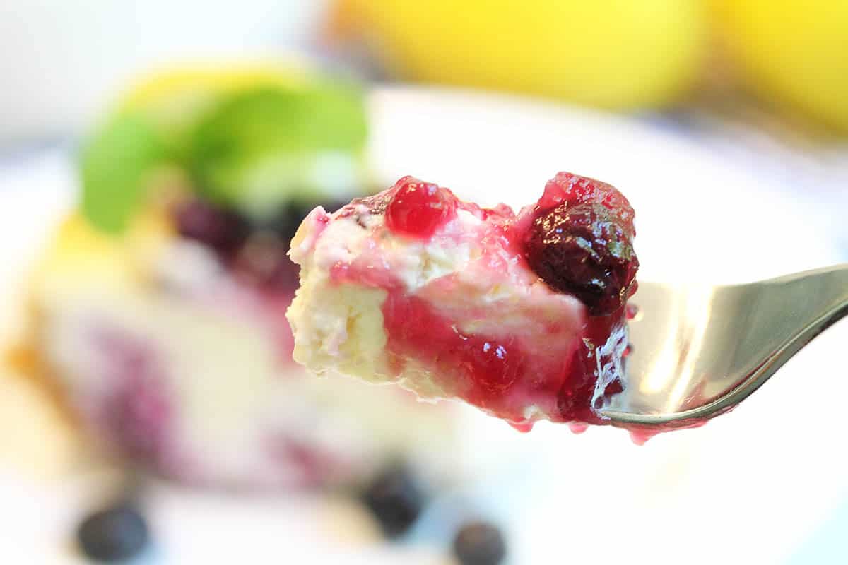 Bite of cheesecake on fork.