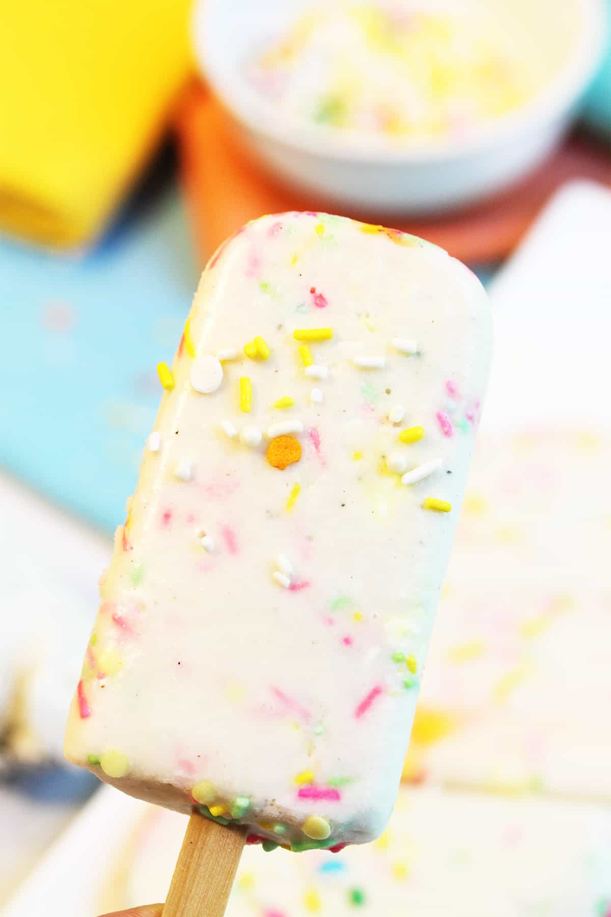 Holding single popsicle by stick closeup.