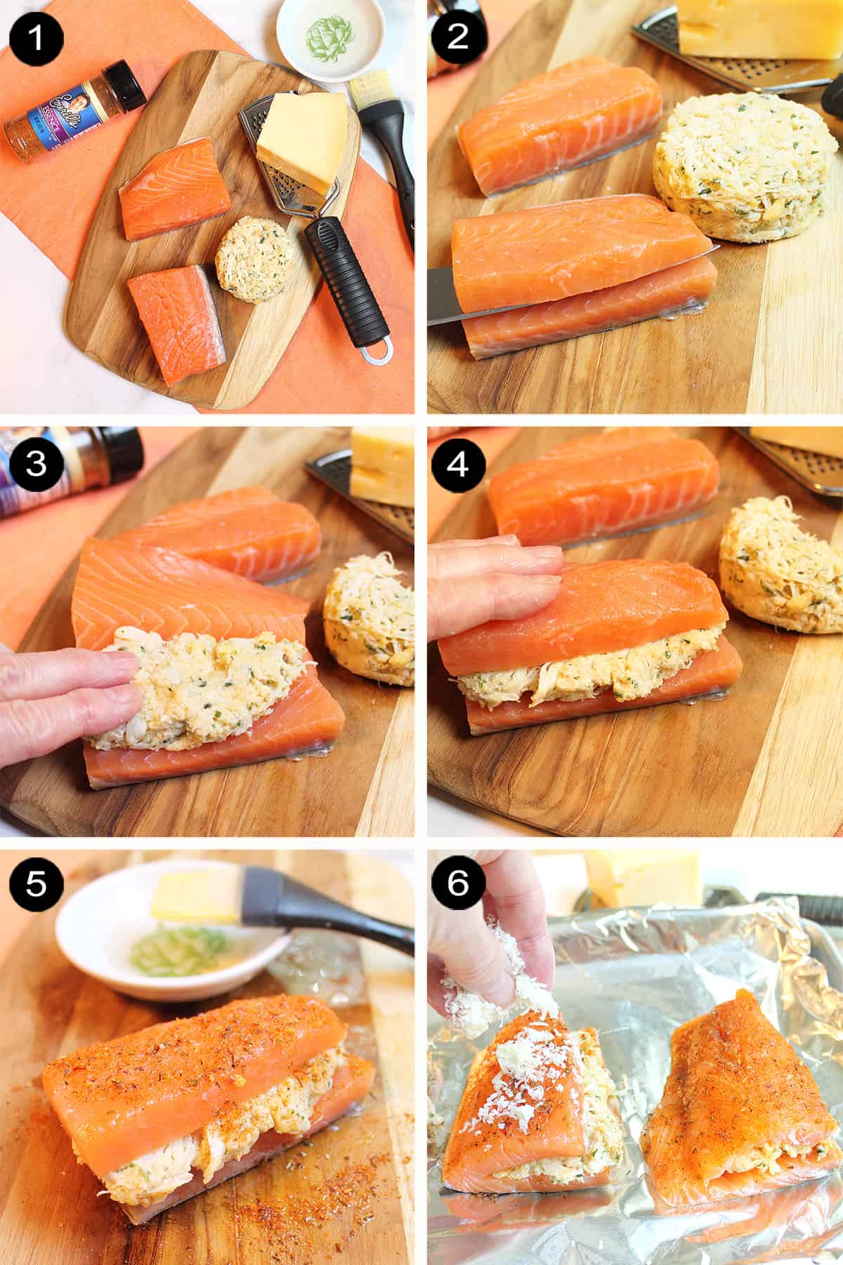 Collage of prep steps for salamon stuffed with crab meat.