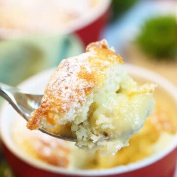 Closeup of bite of key lime pudding cake.
