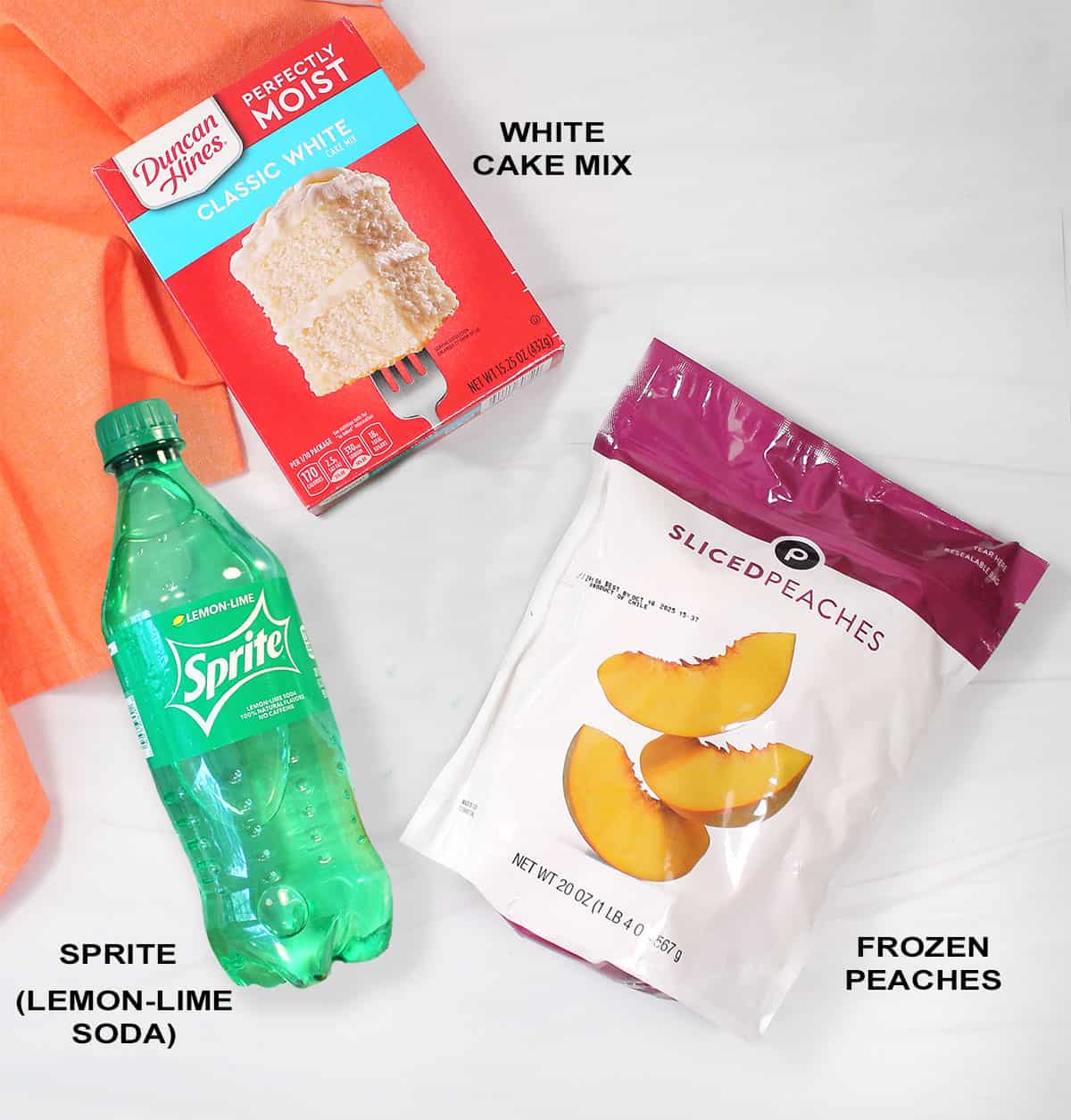 Ingredients for peach cobbler recipe with cake mix.