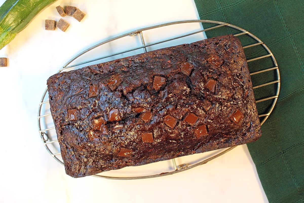 Chocolate Chip Zucchini Bread cooling on rack.