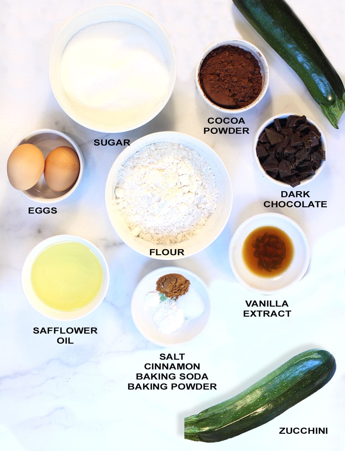 Ingredients for Chocolate Zucchini Bread recipe.