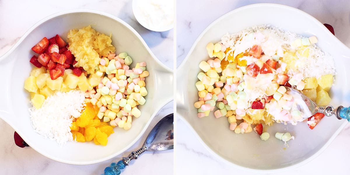 Prep steps of placing ingredients in bowl and mixing with yogurt.