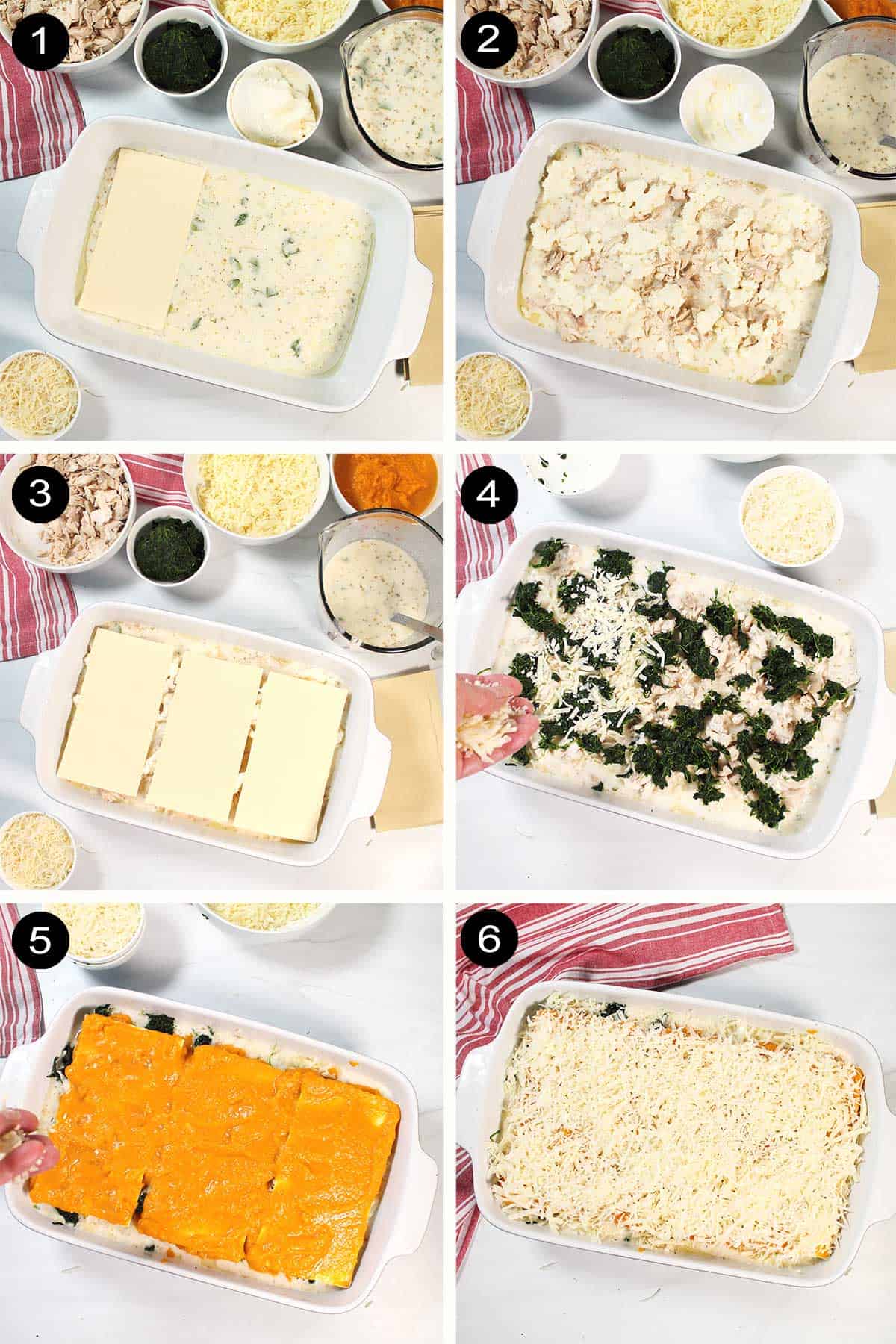 Assembly steps for chicken lasagna.