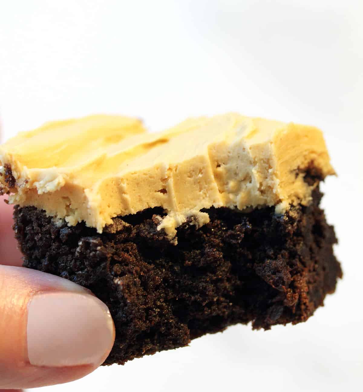 Bite of brownie with peanut butter frosting.