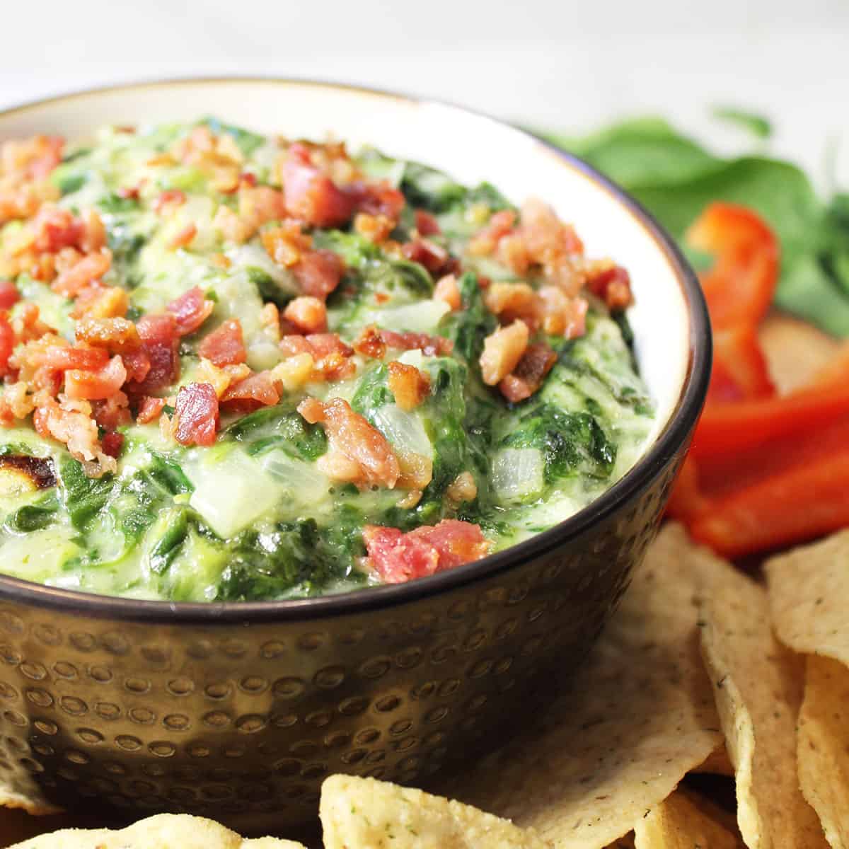 Closeup of bowl of dip with tortilla chips and red peppers around it.
