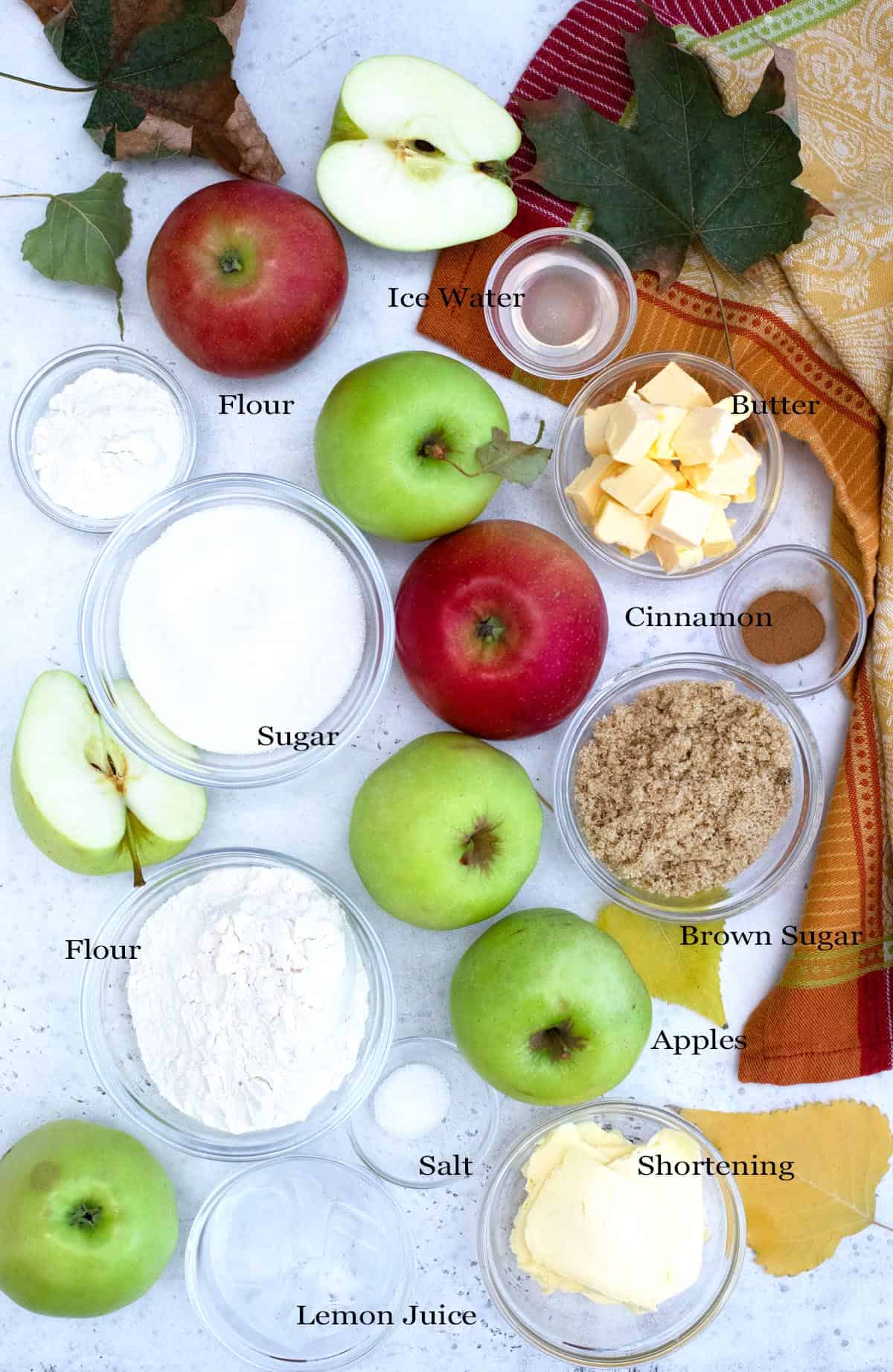 Labeled ingredients for French Apple Pie.