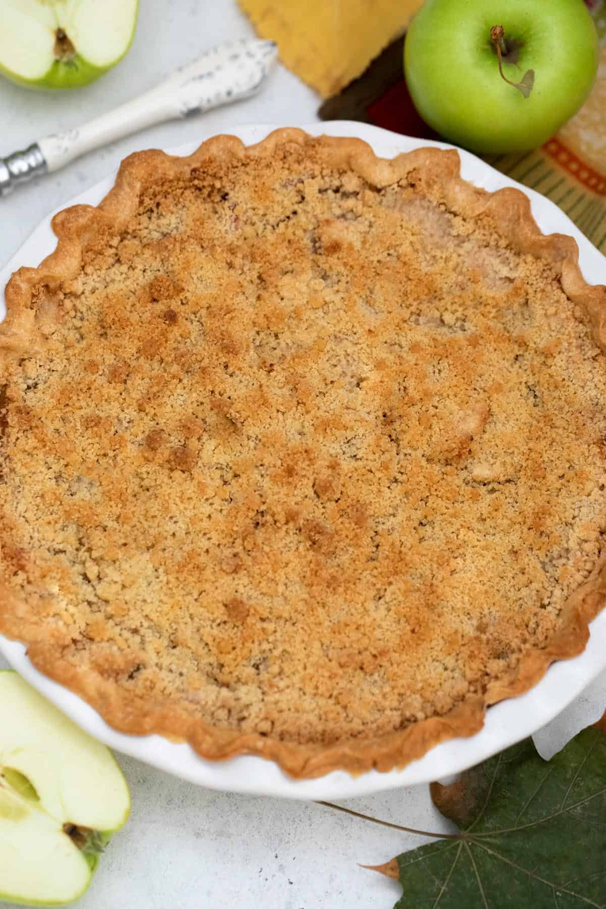 Overhead of baked pie showing crumb topping.
