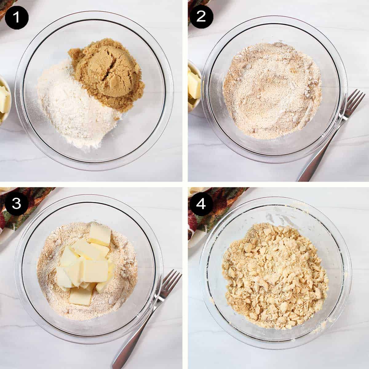 Steps to make crumble for apple pie.