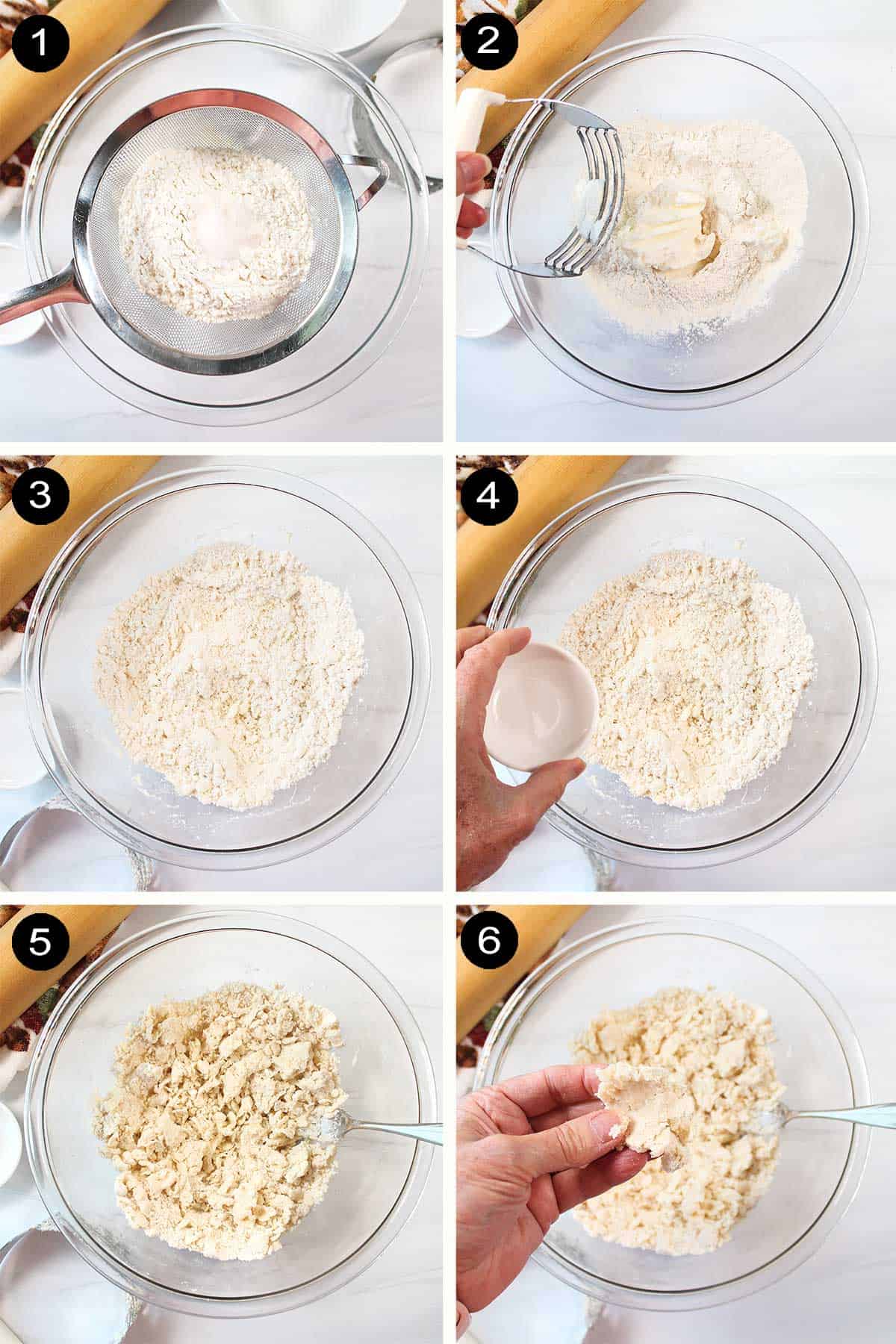 Steps to make dough for pie crust.