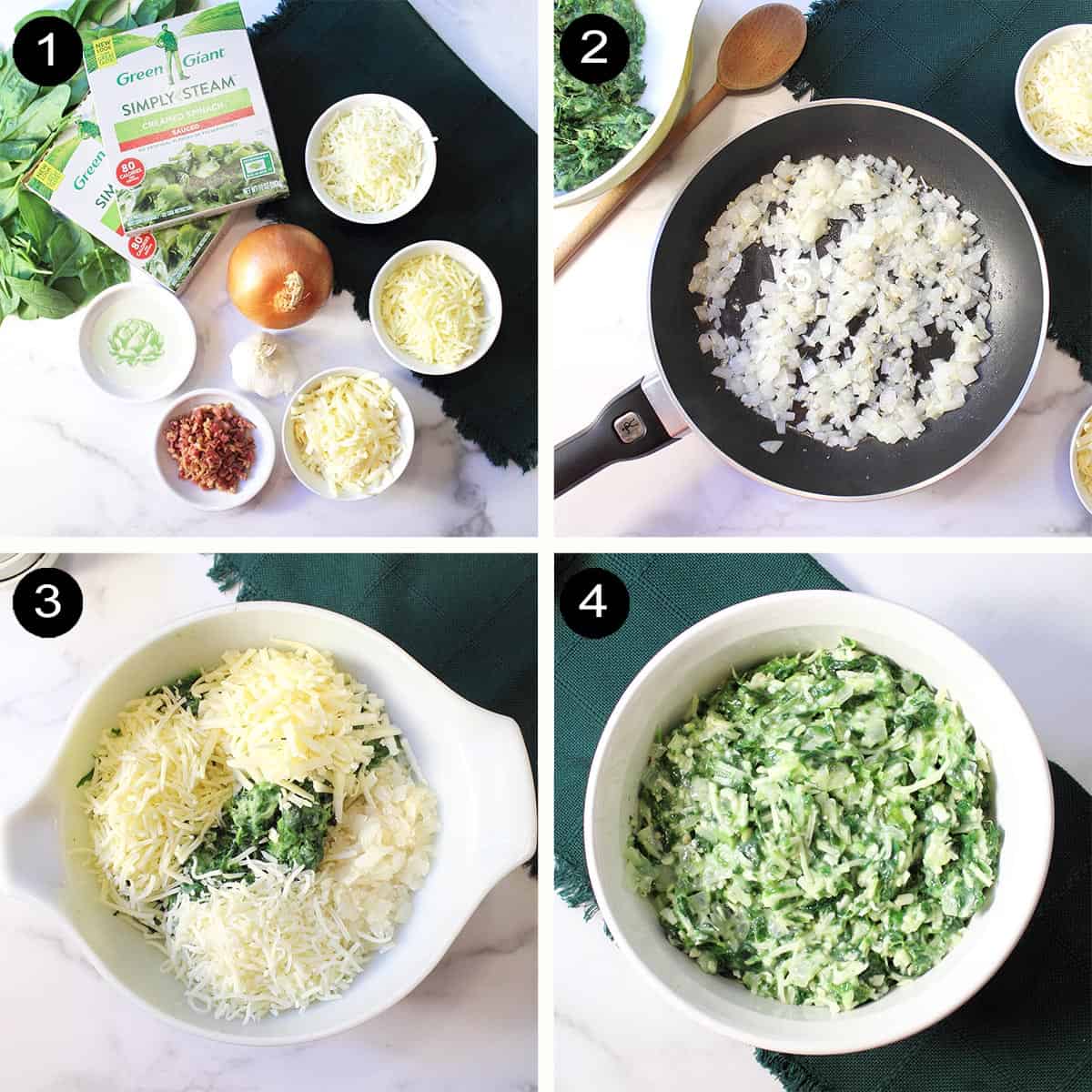 Prep steps for cheesy spinach dip.