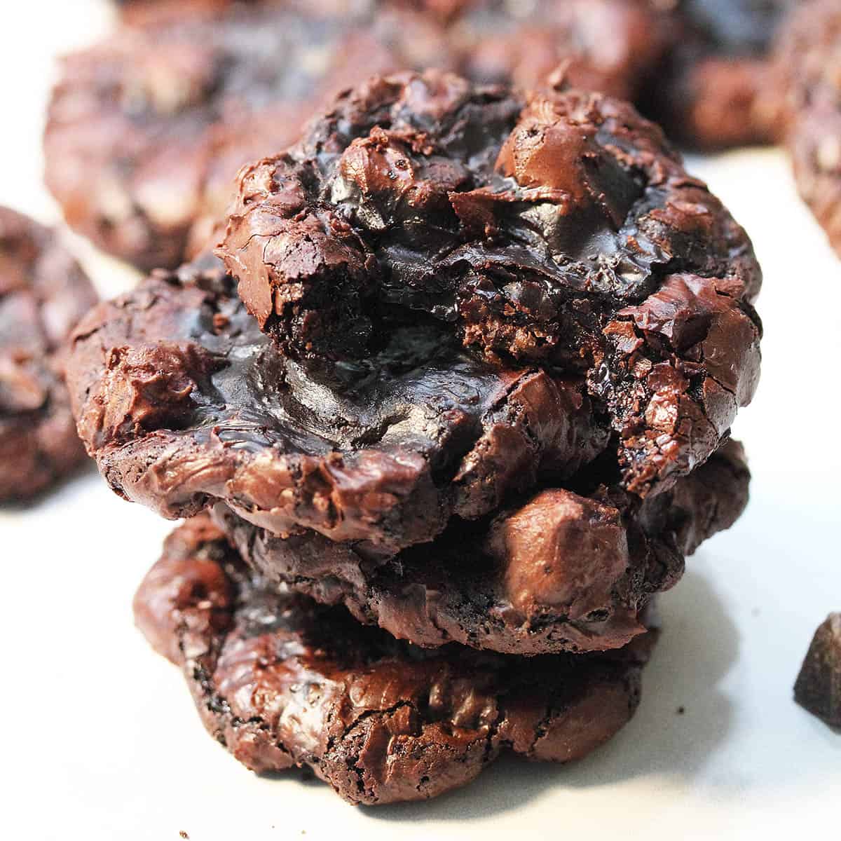 Closeup of stack of chocolate cookies with bite taken out of top one.