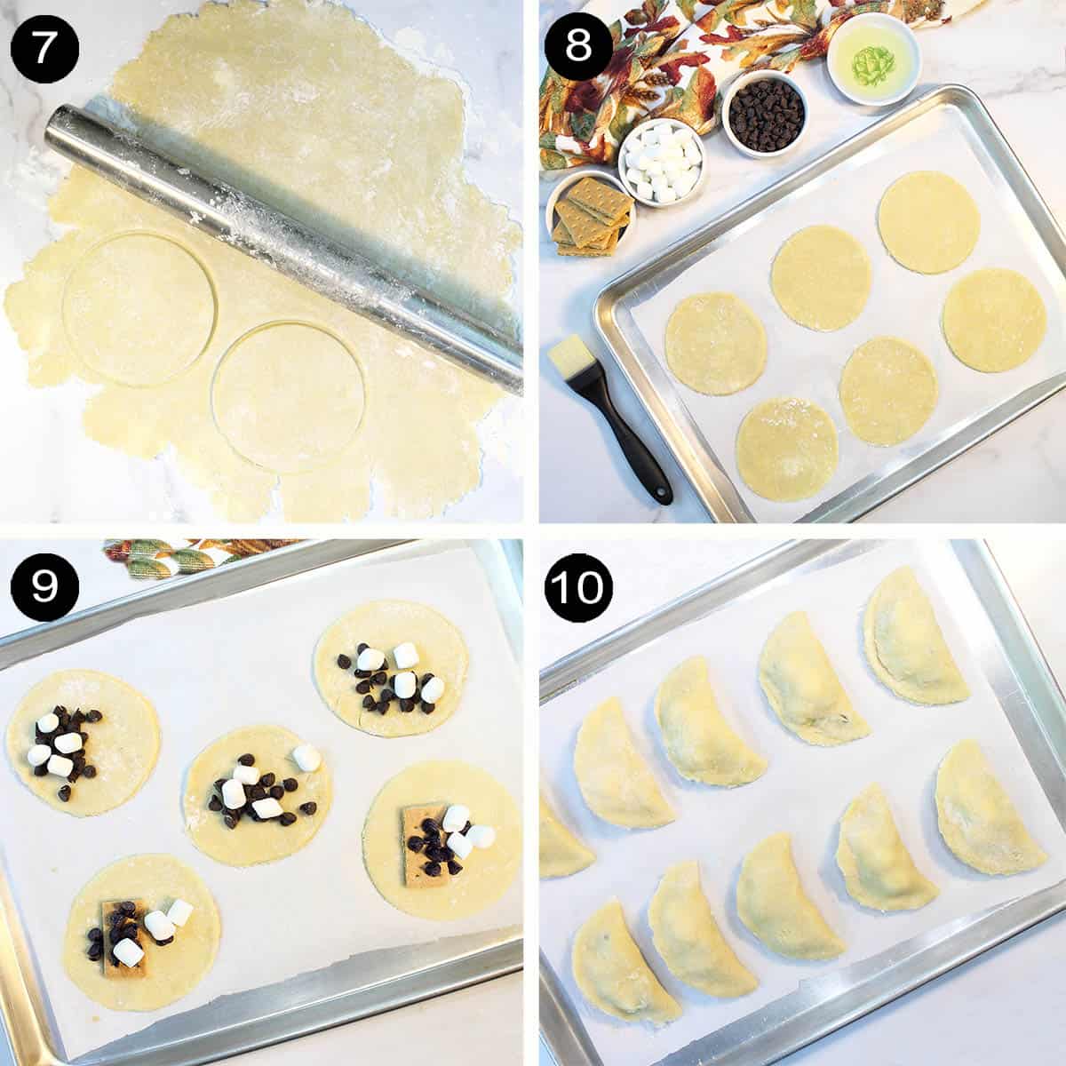 Rolling dough and filling with chocolate chips and marshmallows.