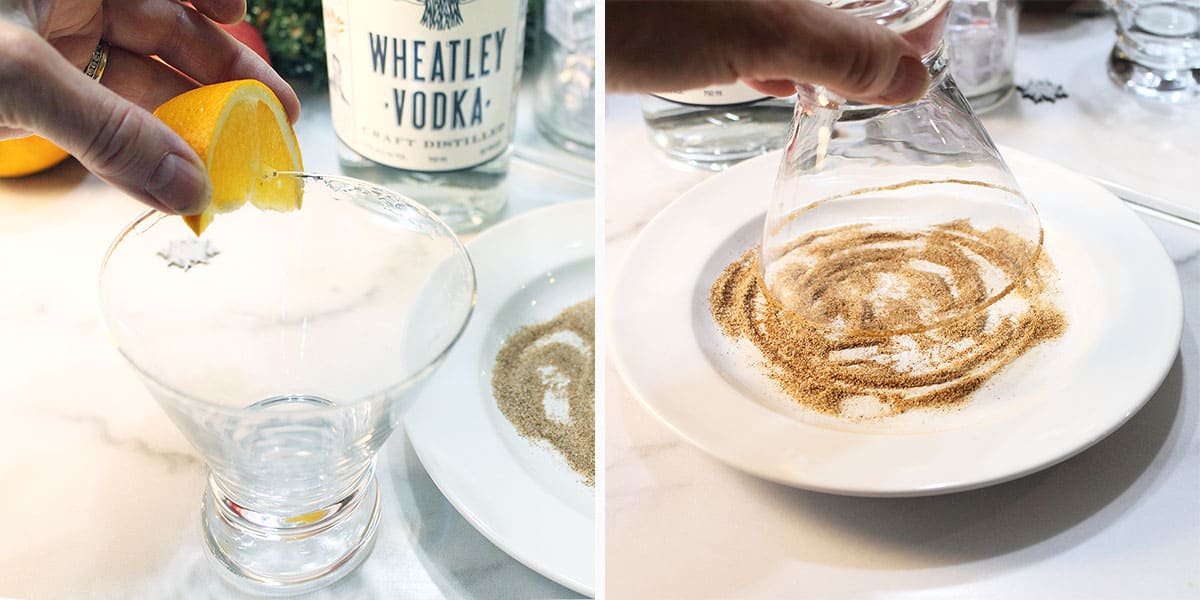 Coating rim of glass with cinnamon sugar.