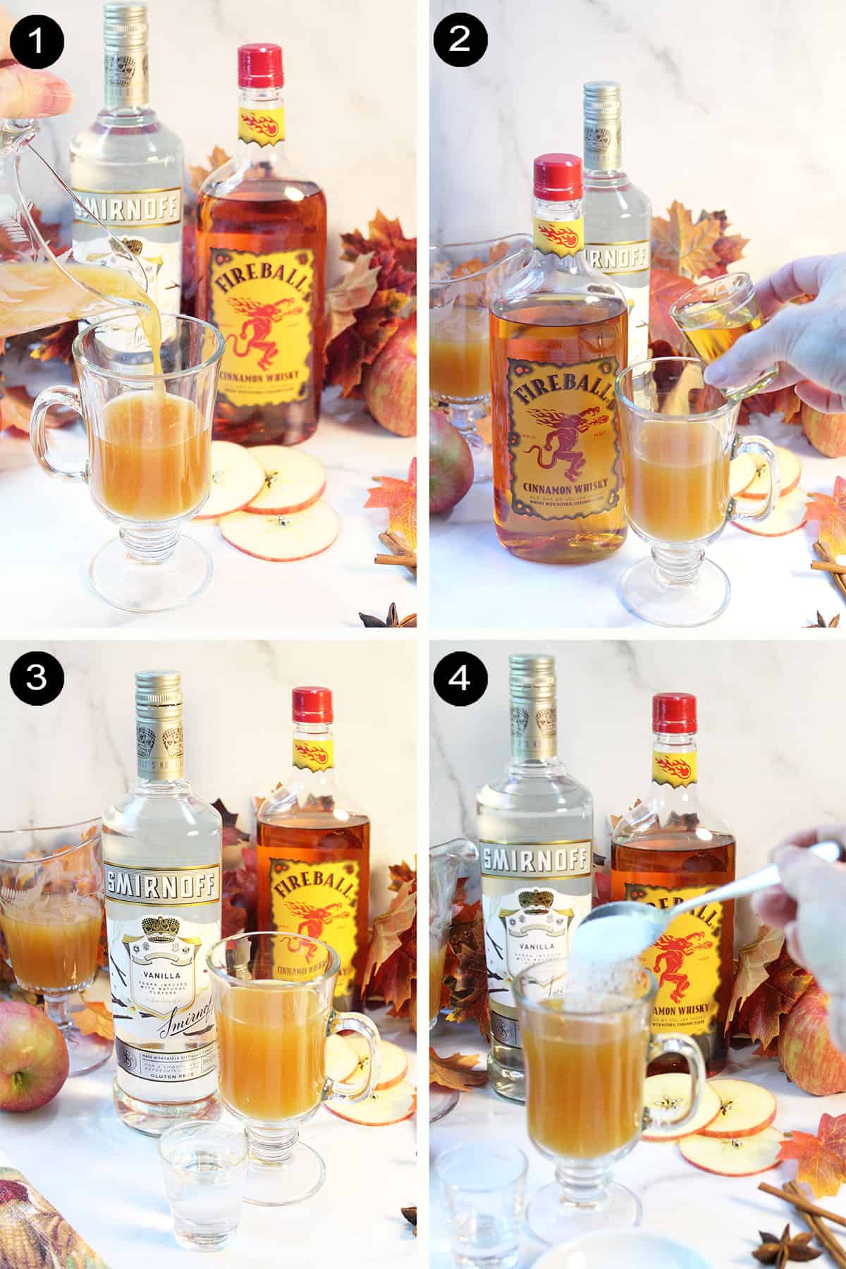 Steps to make Fireball and apple cider cocktail.