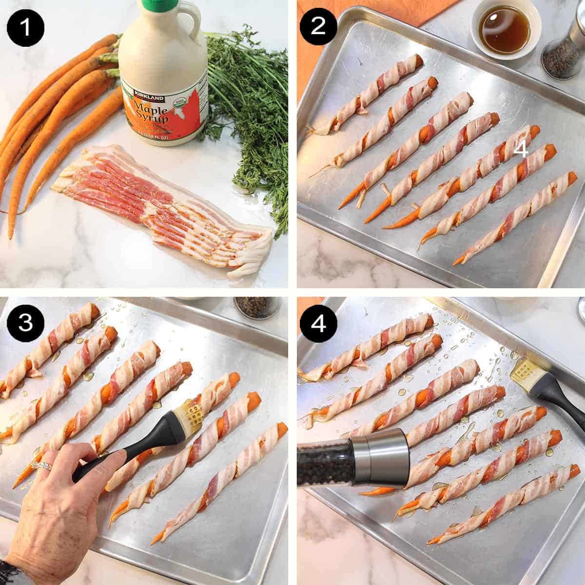 Prep steps wrapping carrots spreading with syrup and seasoning with pepper.