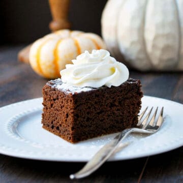 Pumpkin Chocolate Cake on plate with fork.
