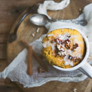 Pumpkin Spice Mug Cake with garnish.