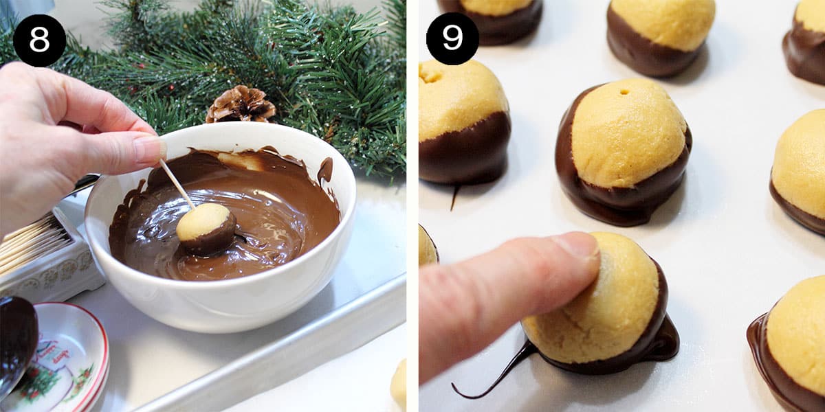 Dipping buckeyes in chocolate and smoothing over toothpick hole.