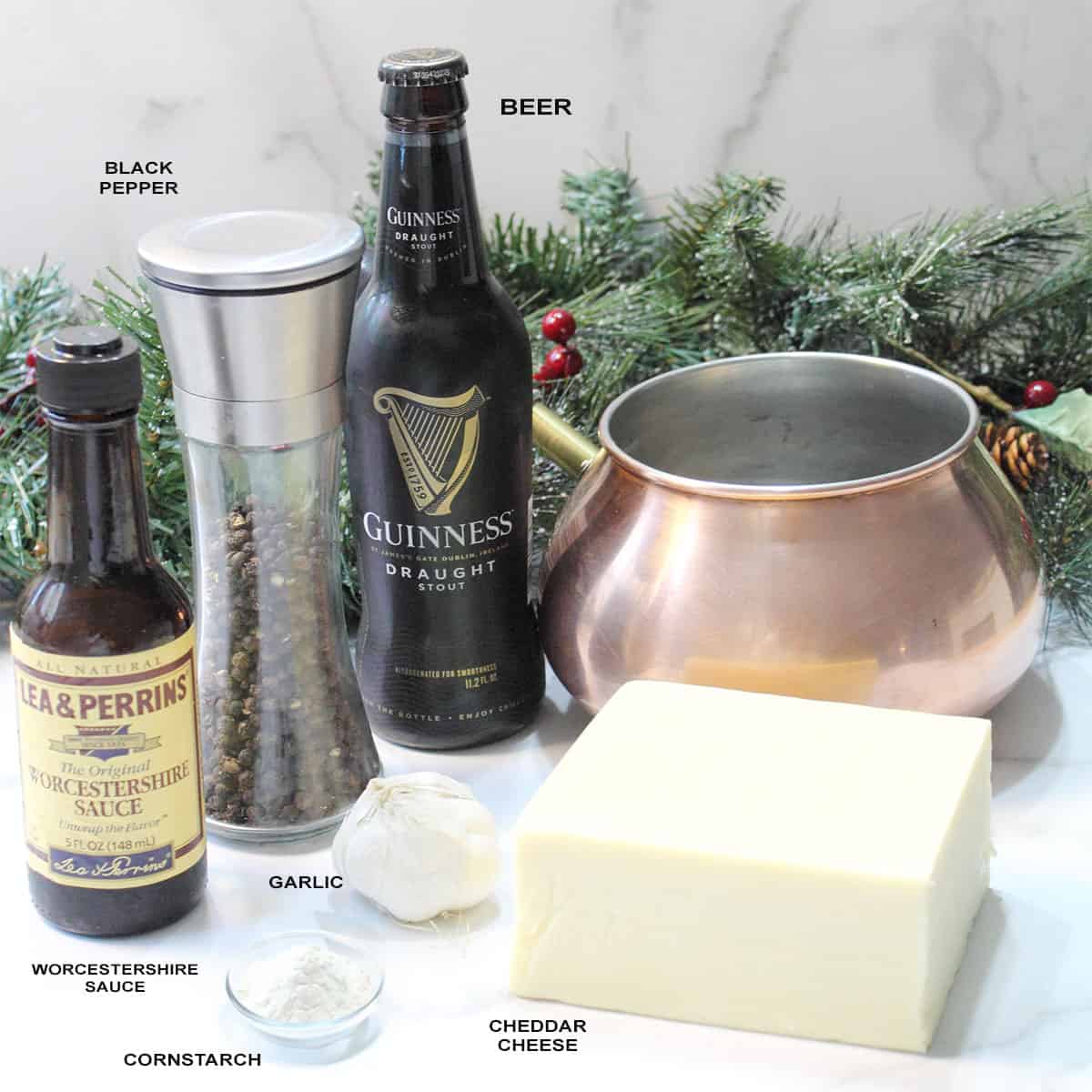 Ingredients for beer cheese fondue.