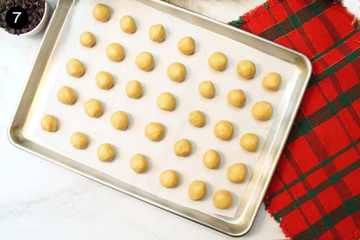 Rolled into balls on cookie sheet and ready to be chilled.