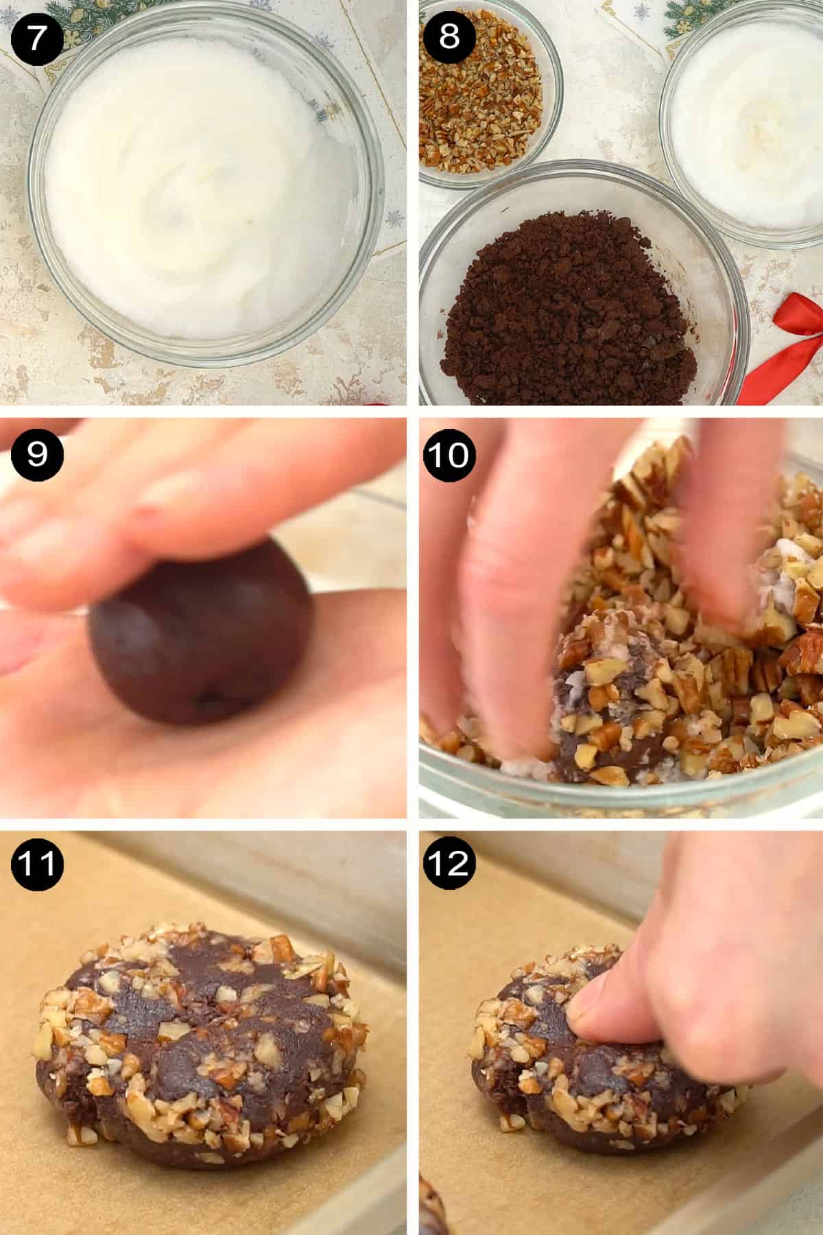 Finishing steps from dipping to baking for pecan turtle cookies.