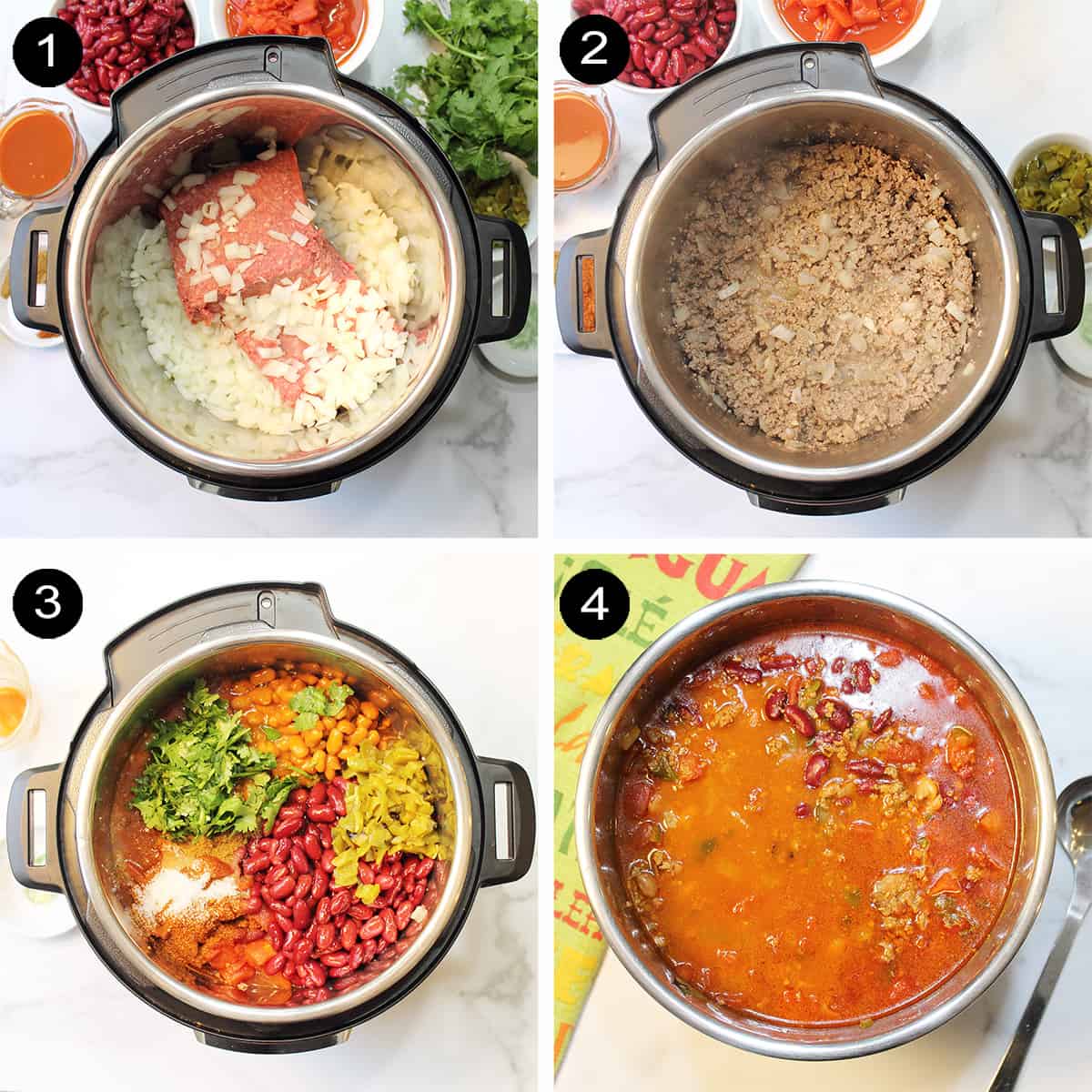 Slow Cooker Taco Chili prep steps 1-4.