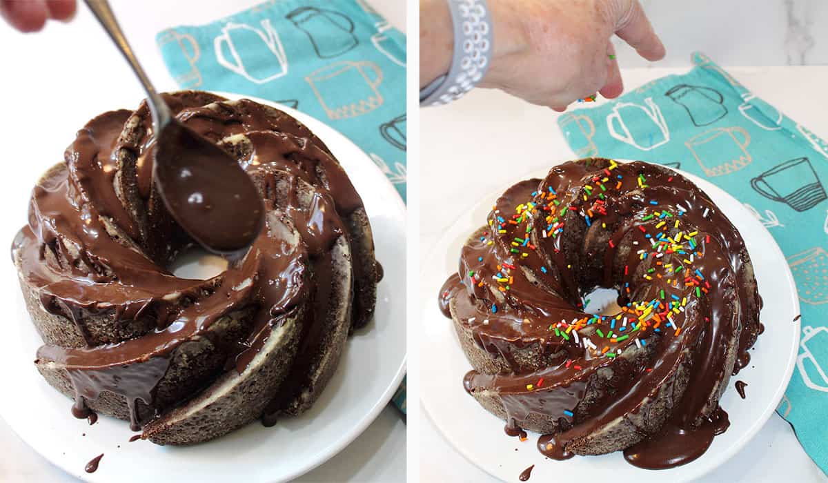 Finishing three-ingredientcake with ganache and sprinkles.