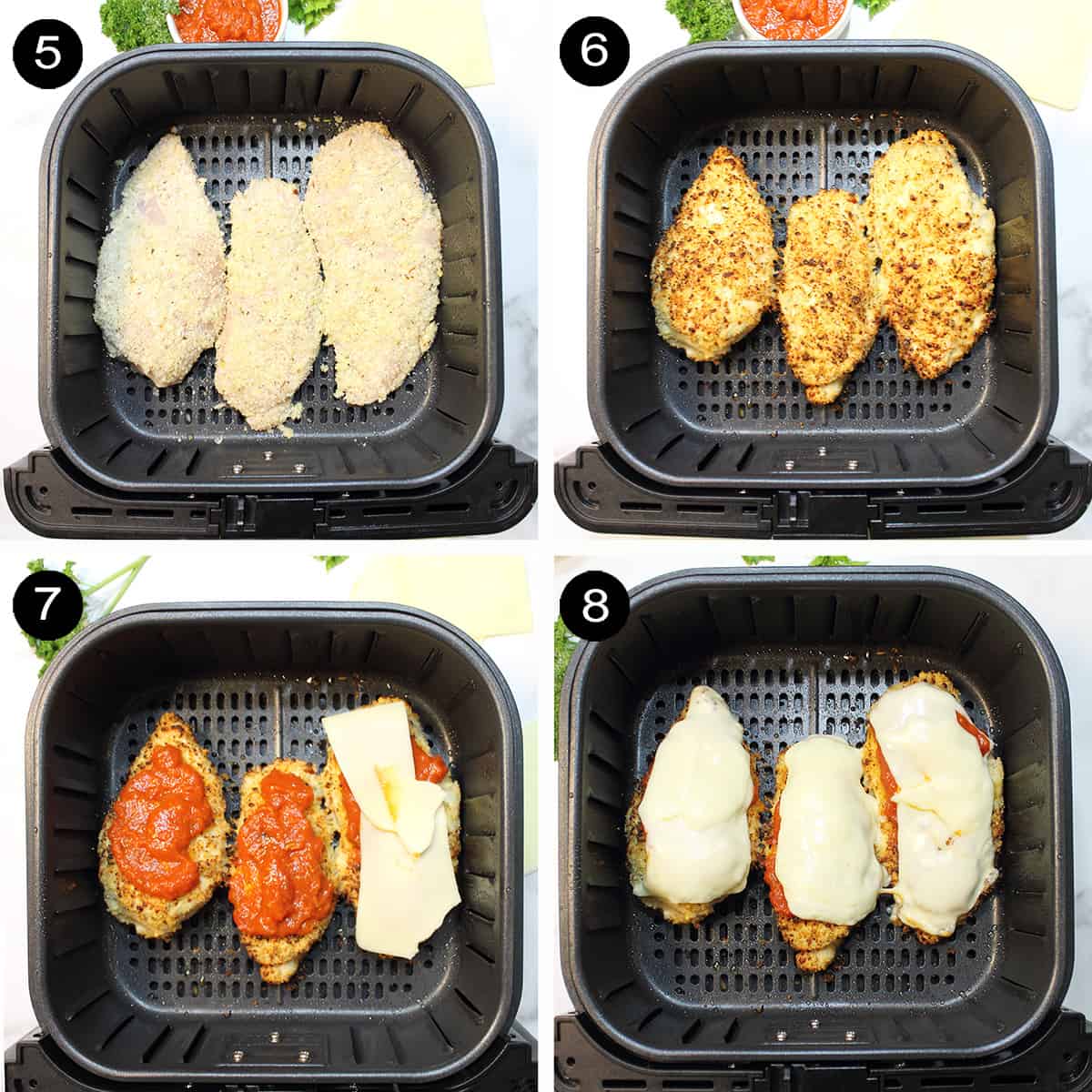 Finishing steps to cook and top chicken with sauce and cheese.