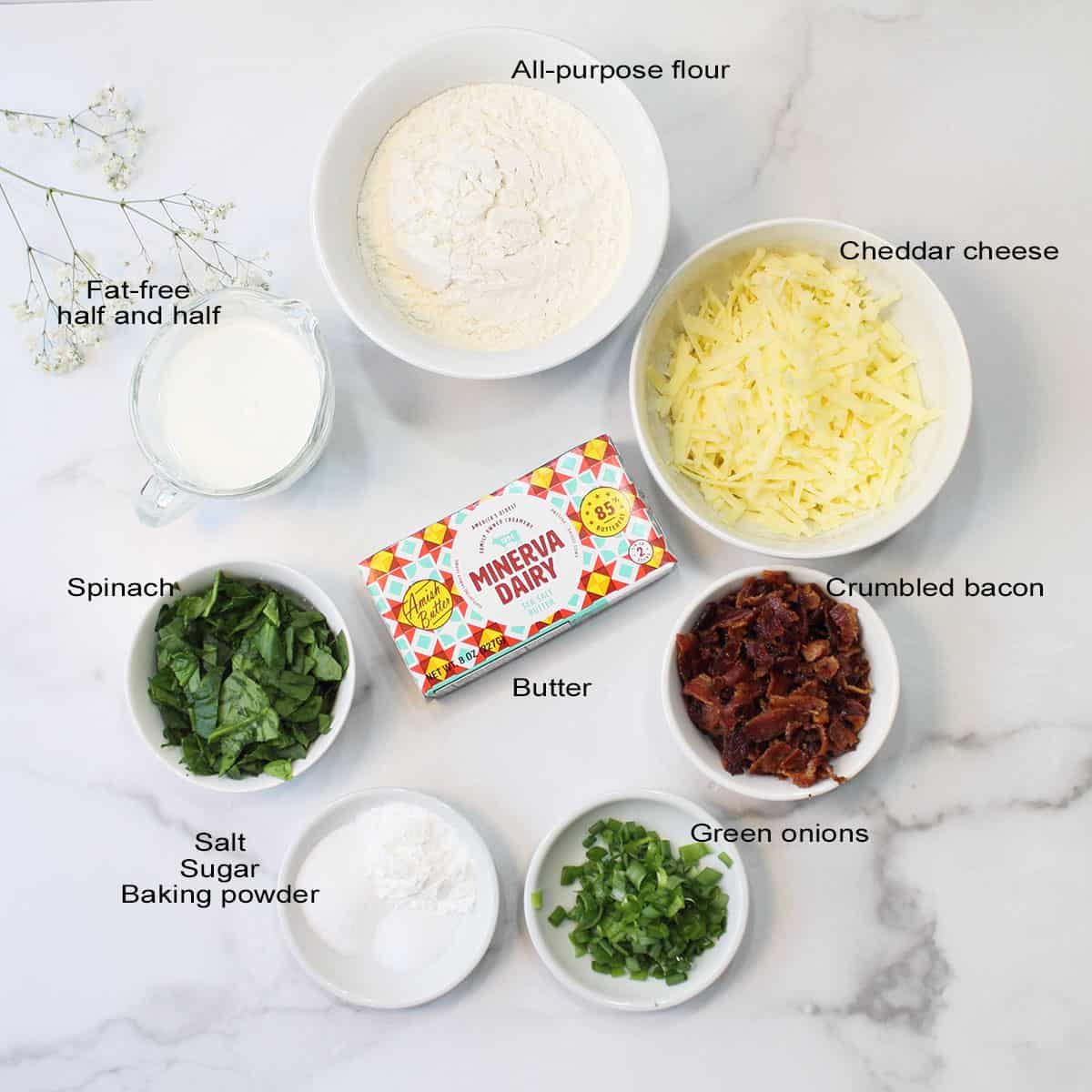 Ingredients, labeled, for bacon cheddar scones.
