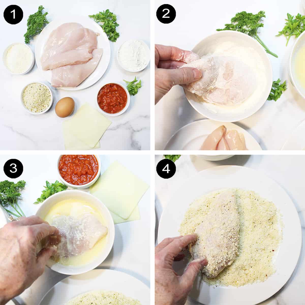 Prep steps 1-4 for air fryer chicken parmesan.