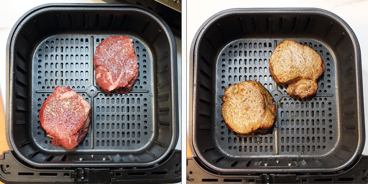 Uncooked and cooked steak in air fryer basket.