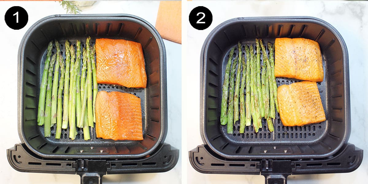 Prepping and cooking salmon and asparagus in air fryer.
