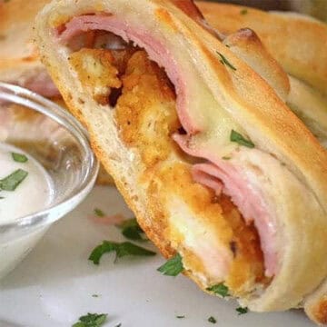 Sliced Chicken Stromboli on plate.