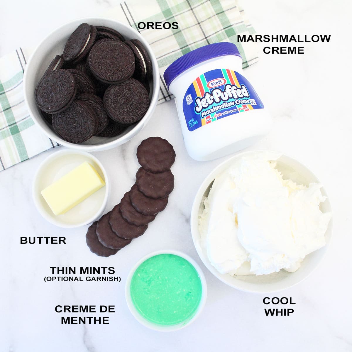 Ingredients for no bake grasshopper pie labeled.
