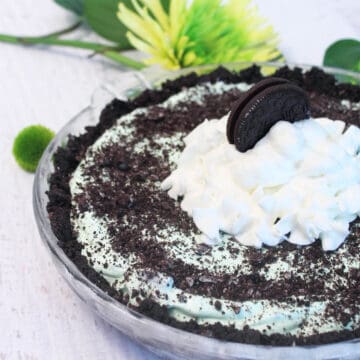 Finished mint pie with chocolate crumbs and whipped cream garnish.