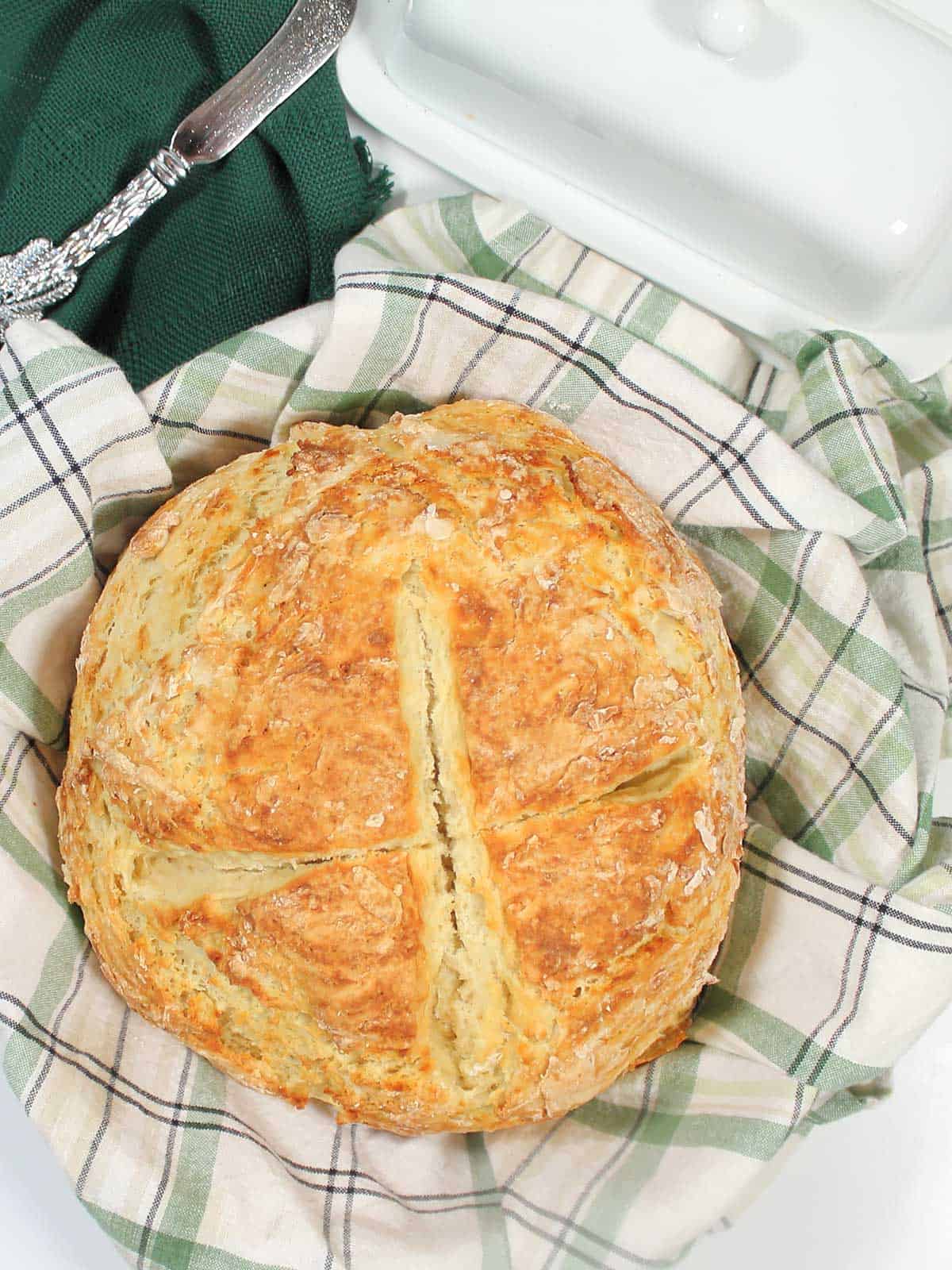 Overhead of Irish soda bread in basket.