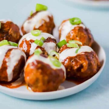 Crockpot Buffalo Turkey Meatballs plated.