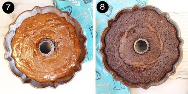 Unbaked and Baked cake in bundt pan.