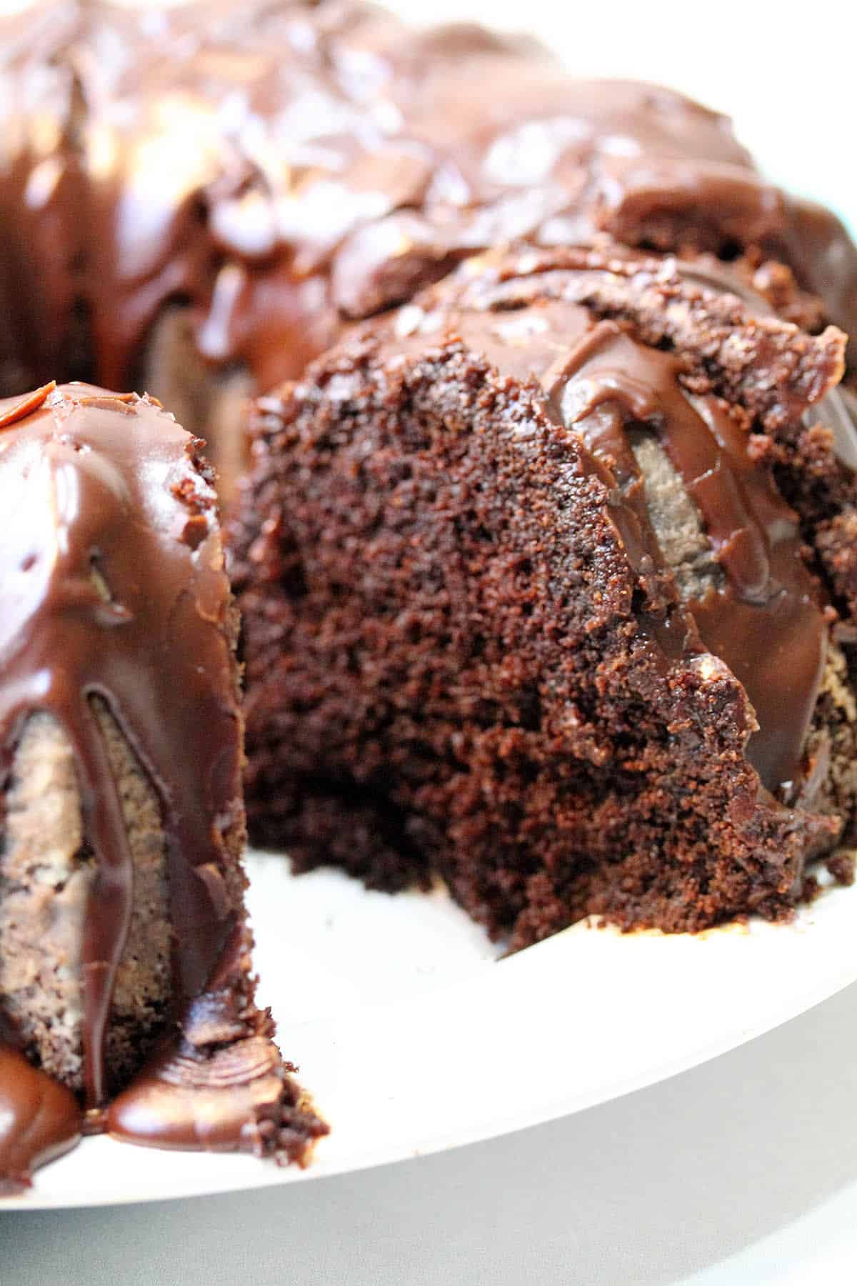 Inside of moist cake on platter.