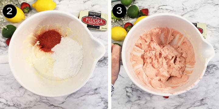 Frosting steps mixing pulverized strawberries with cream cheese mixture.