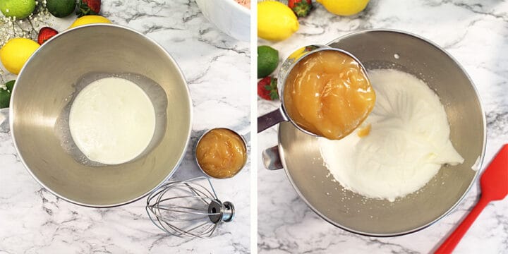 Making lemon filling with whipped cream and lemon curd.