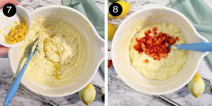 Adding lemon zest and strawberries to cake batter.